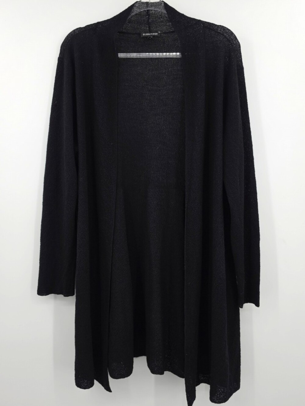 Eileen Fisher Long Sleeve Open Front Cardigan Longline Black Large Textured Wool